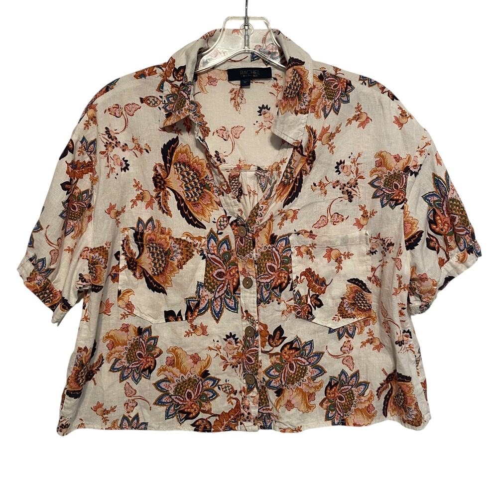 Rachel Rachel Roy Floral Linen Crop Top Womens Medium White Boxy Button Blouse